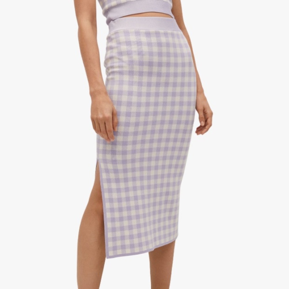 MNG Mango midi-length lavender plaid sweater skirt